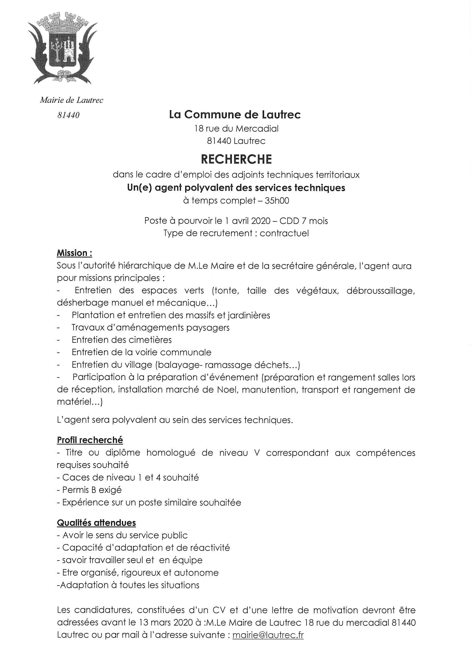 RECRUTEMENT MAIRIE DE LAUTREC 25 02 2020